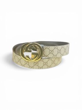 Gucci Beige GG Monogram Canvas Belt with Gold Double G Buckle